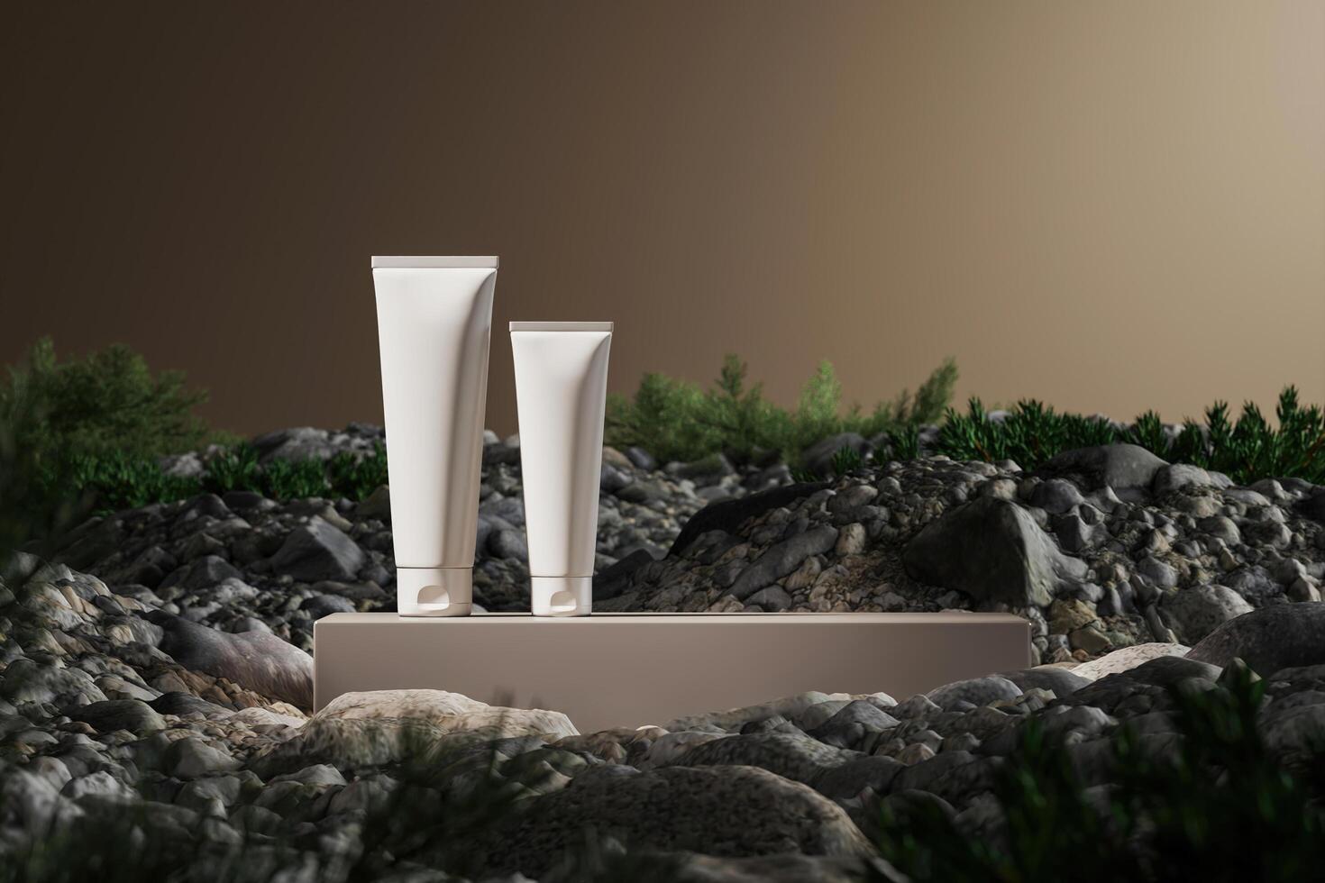 Two white cosmetic tube on platform, mockup scene gravel and small plants. 3d rendering photo