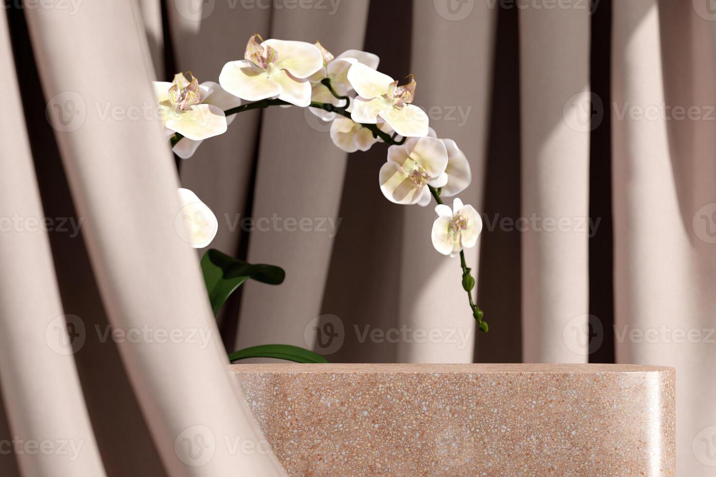 Instead of terrazzo stone in the backdrop, flowing beige curtains and white orchids. Choose a focus point. Background for product presentations. 3D illustration photo