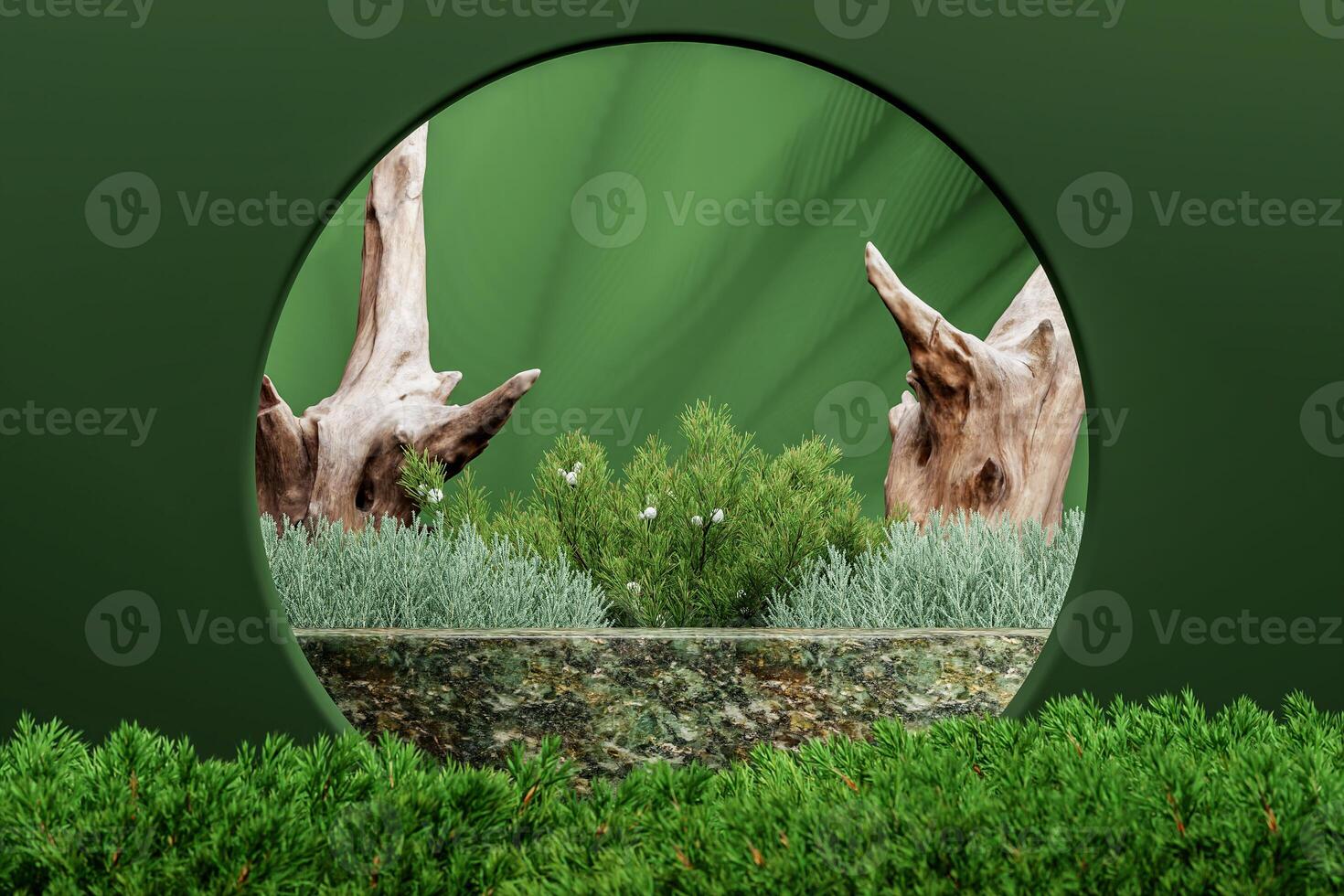 Green marble middle the small plants garden and green circle frame. Abstract mockup scene for presentation. 3D rendering photo