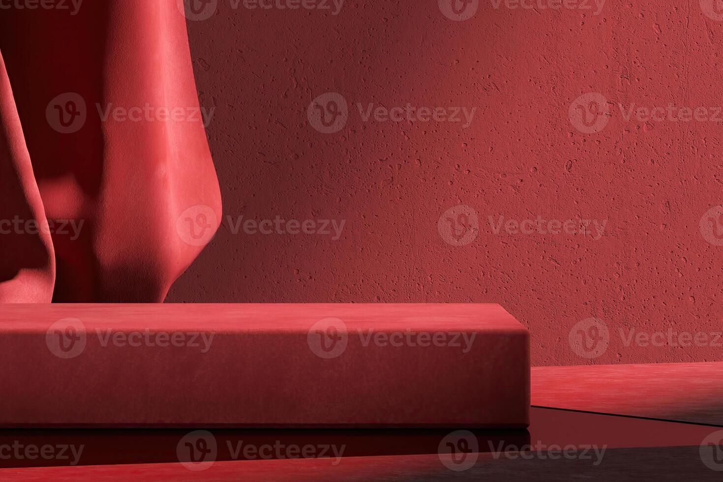 Velvet product display stand with a backdrop of a cement wall and red curtains. Background for product presentations. 3D illustration photo