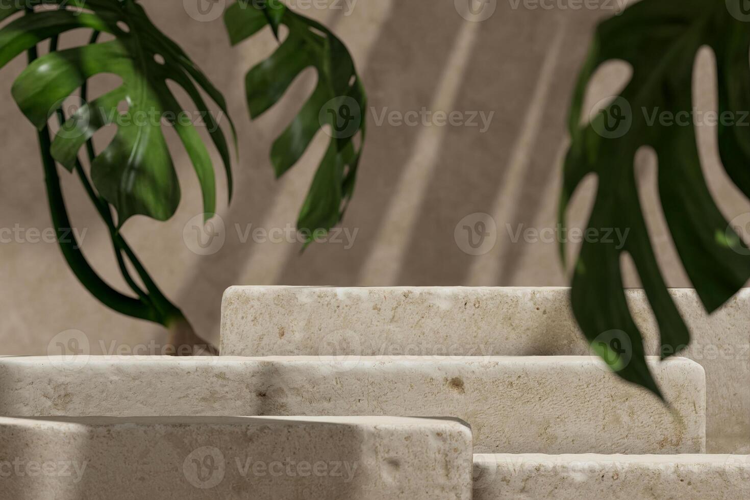 Layered slabs of beige, dappled sunlight and Monstera leaves. Selection focus. Background for product presentations. 3D illustration photo