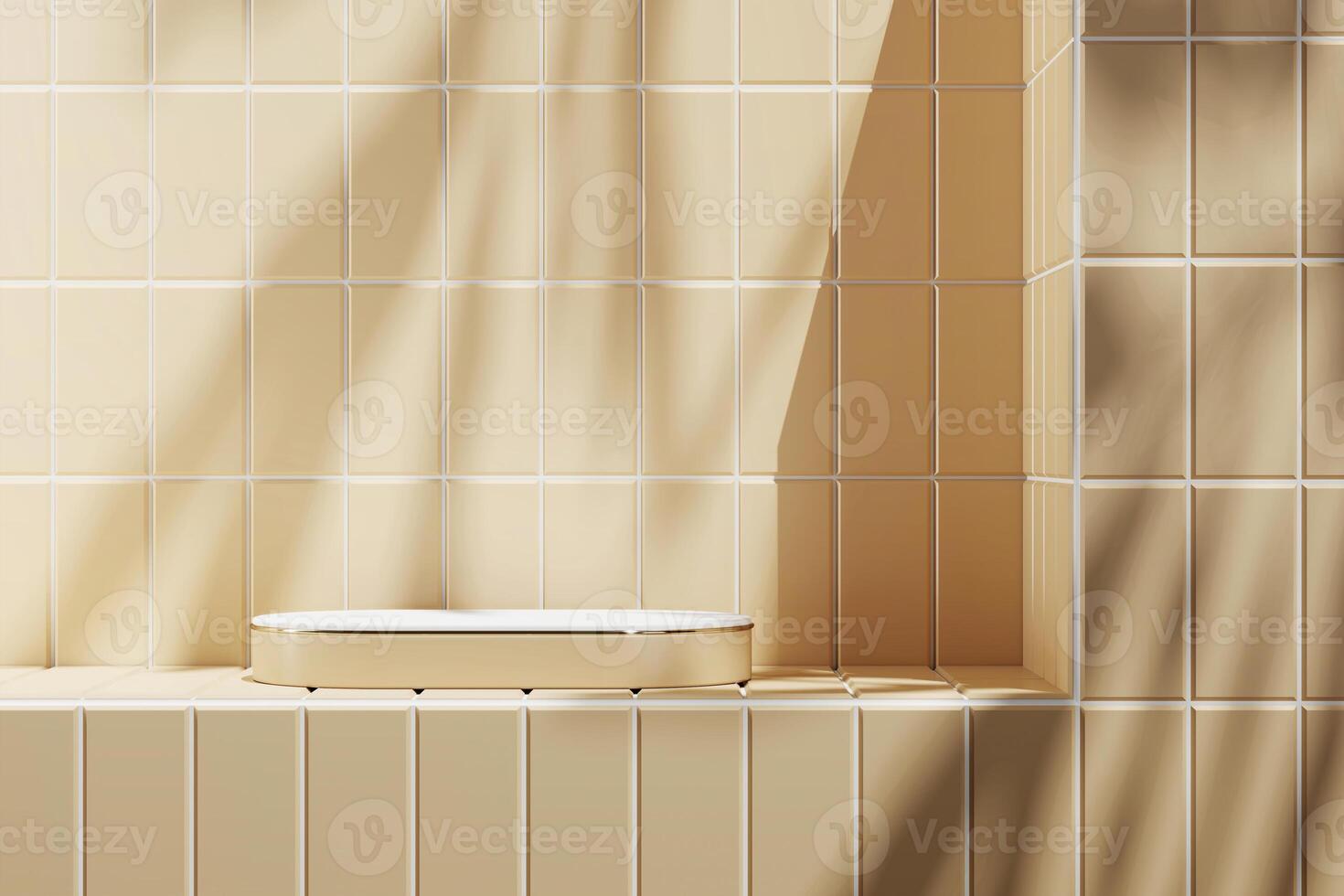 Beige platform with white top on beige tiles in a sunny bathroom. 3D rendering photo