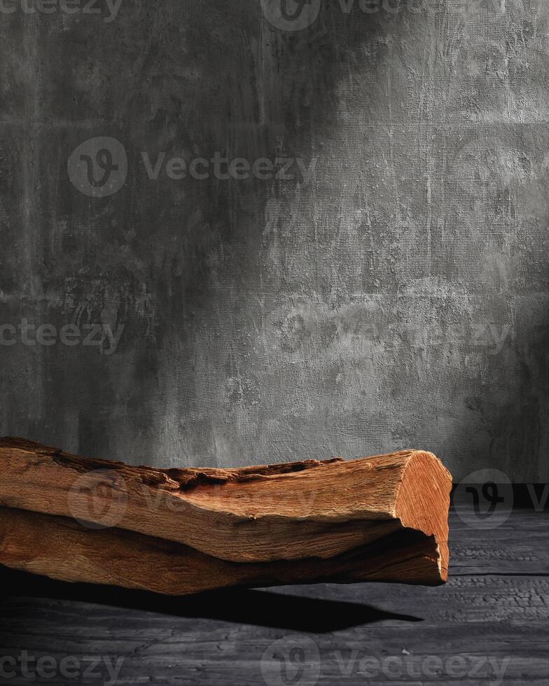 A piece of bark on a black wooden background and a glowing cement wall backdrop. Presentation for product concept. 3D rendering photo