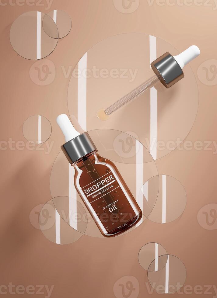 Dropper bottle on the circle glass. Abstract mockup cosmetic scene. 3d rendering photo