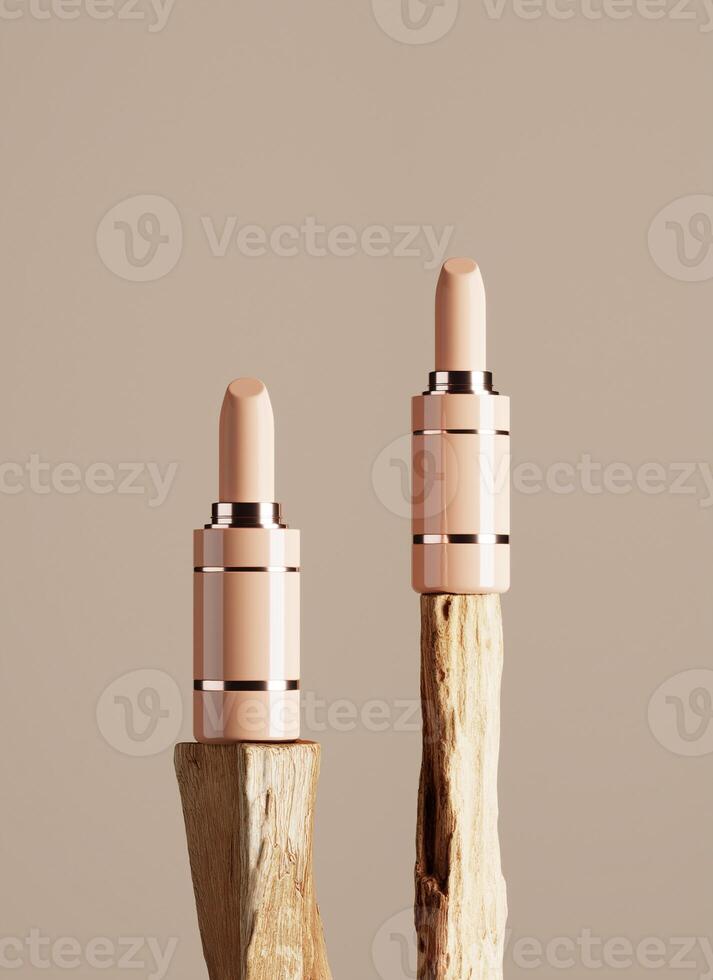 Two lipstick on wooden stick. Abstract background for cosmetic presentation. 3D rendering photo