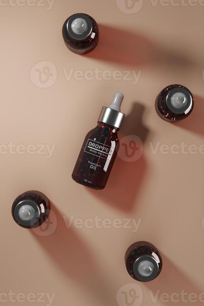 Dropper cosmetic five bottles mockup top the ground beige. abstract background for cosmetic presentation. 3D rendering photo