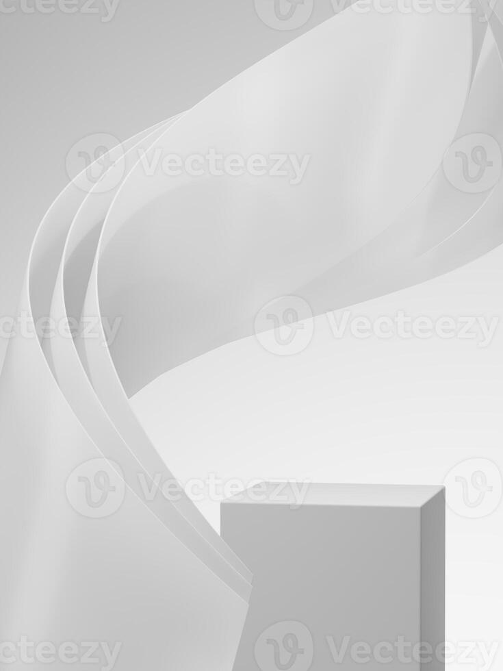 The white podium and white curved sheet. Abstract background for product presentation. 3D Rendering photo