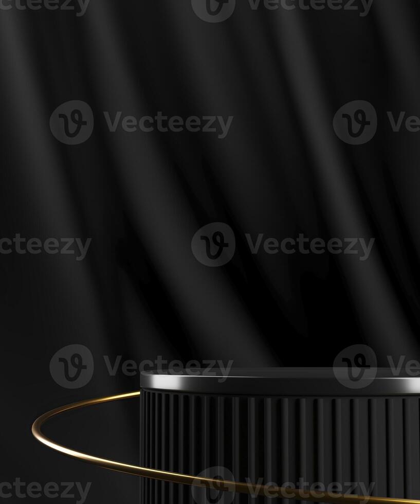 Black cylindrical pallet and gold rings on a black velvet backdrop. Abstract background for product presentation. 3D rendering photo