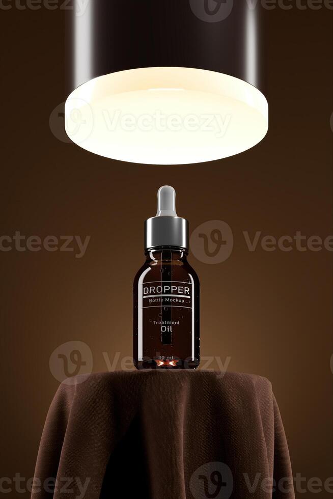 Mock up dropper bottle on brown fabric base and a light box on top. Presentation for cosmetic concept. 3D rendering photo