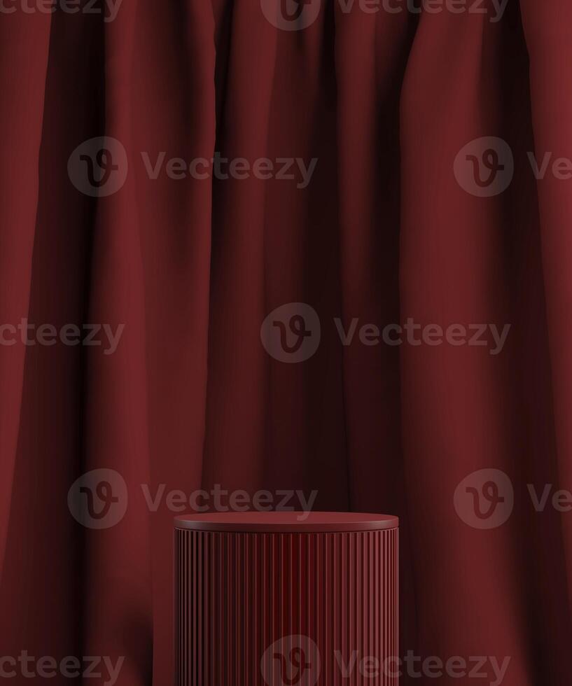 Red cylindrical platform on red velvet curtain background. Abstract background for product presentation. 3D rendering photo