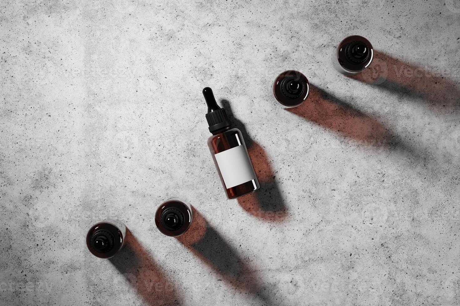 Dropper cosmetic five bottles mockup top the ground cement. abstract background for cosmetic presentation. 3D rendering photo