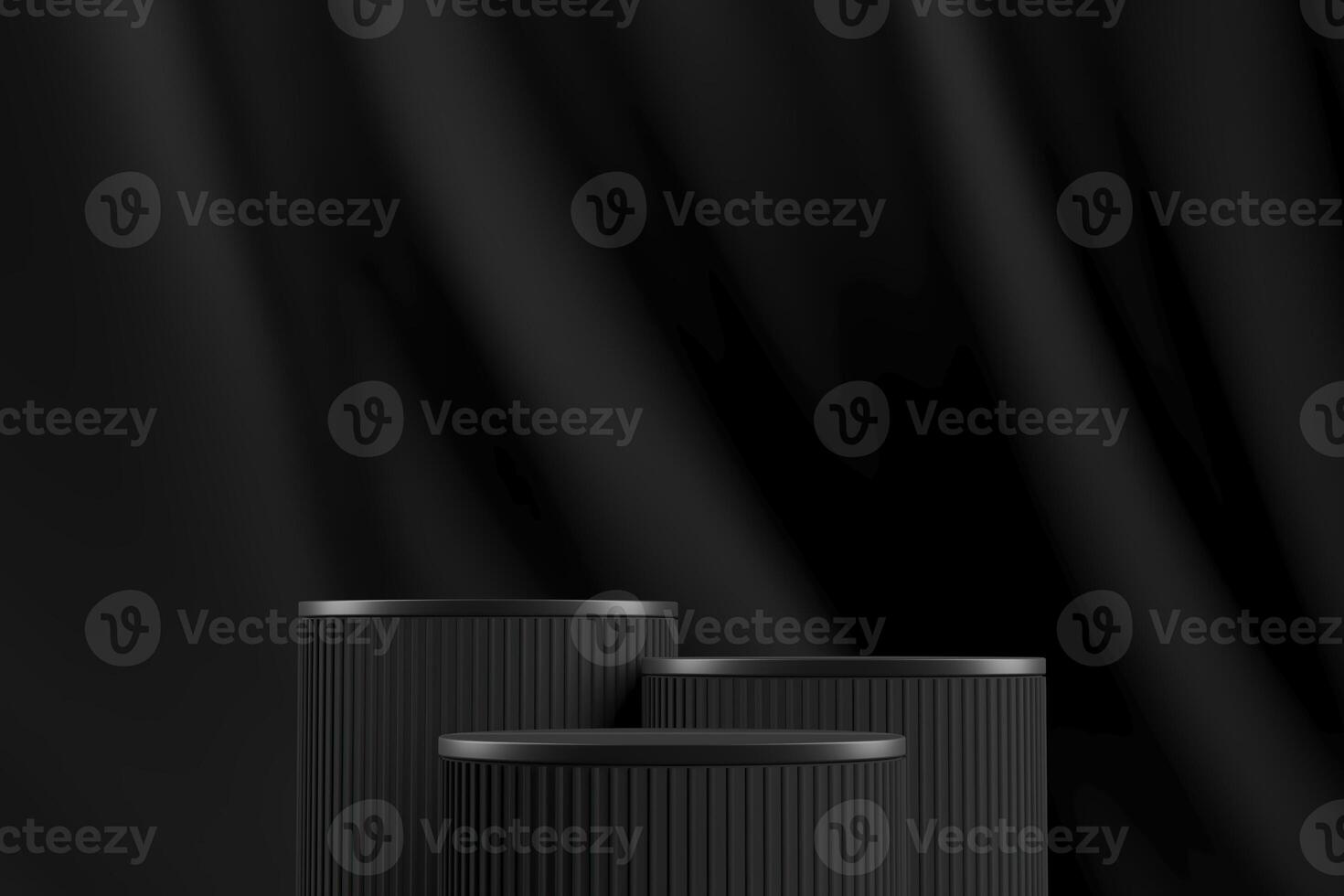 Three black cylindrical pallet on a black velvet curtain backdrop. Abstract background for product presentation. 3D rendering photo