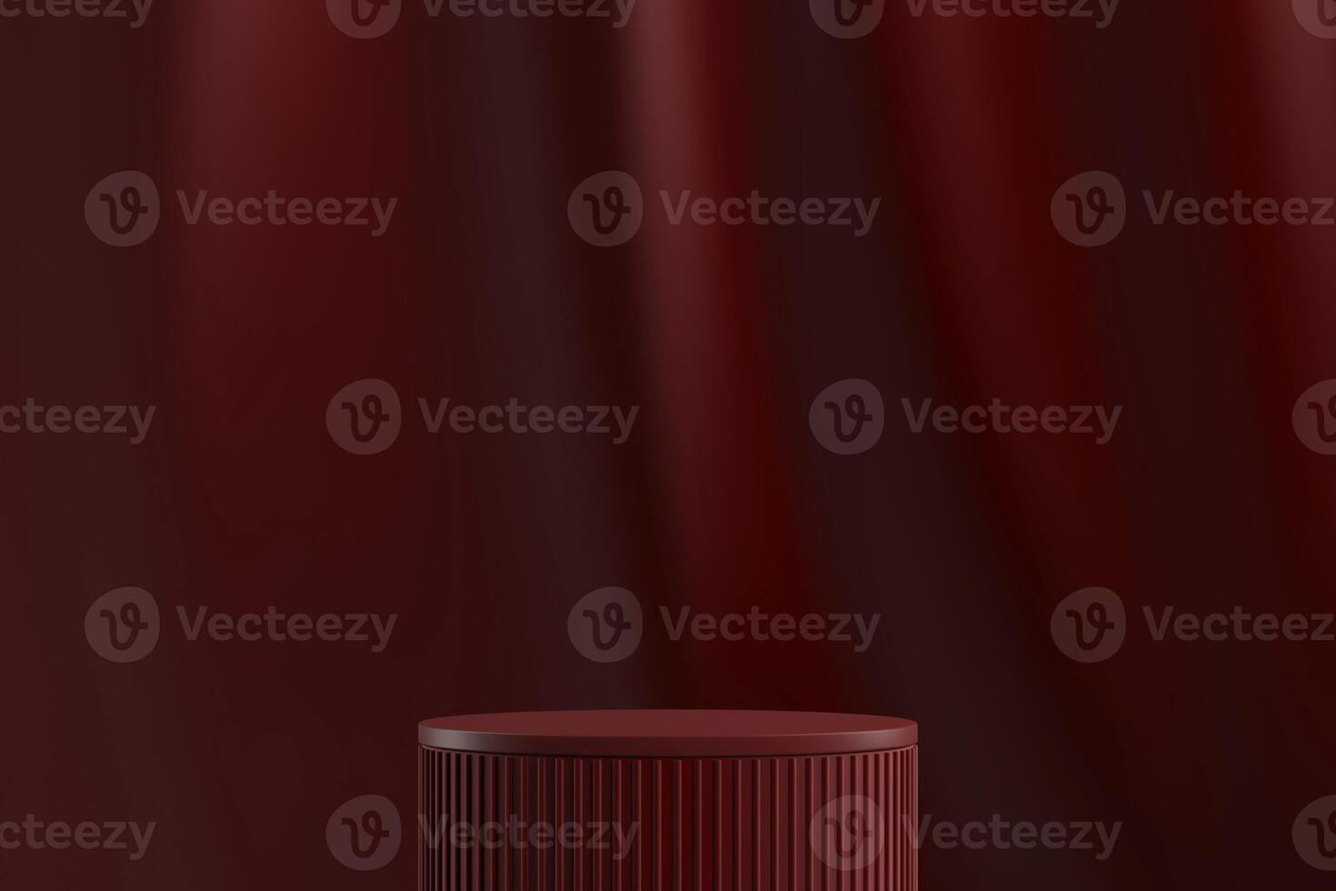 Red cylindrical platform on red velvet curtain background. Abstract background for product presentation. 3D rendering photo