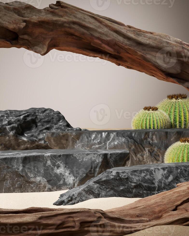 Black stone tiers and attractive old remains of wood, for displaying goods or items, mockups for presentations. 3D rendering Clipping path background included. photo