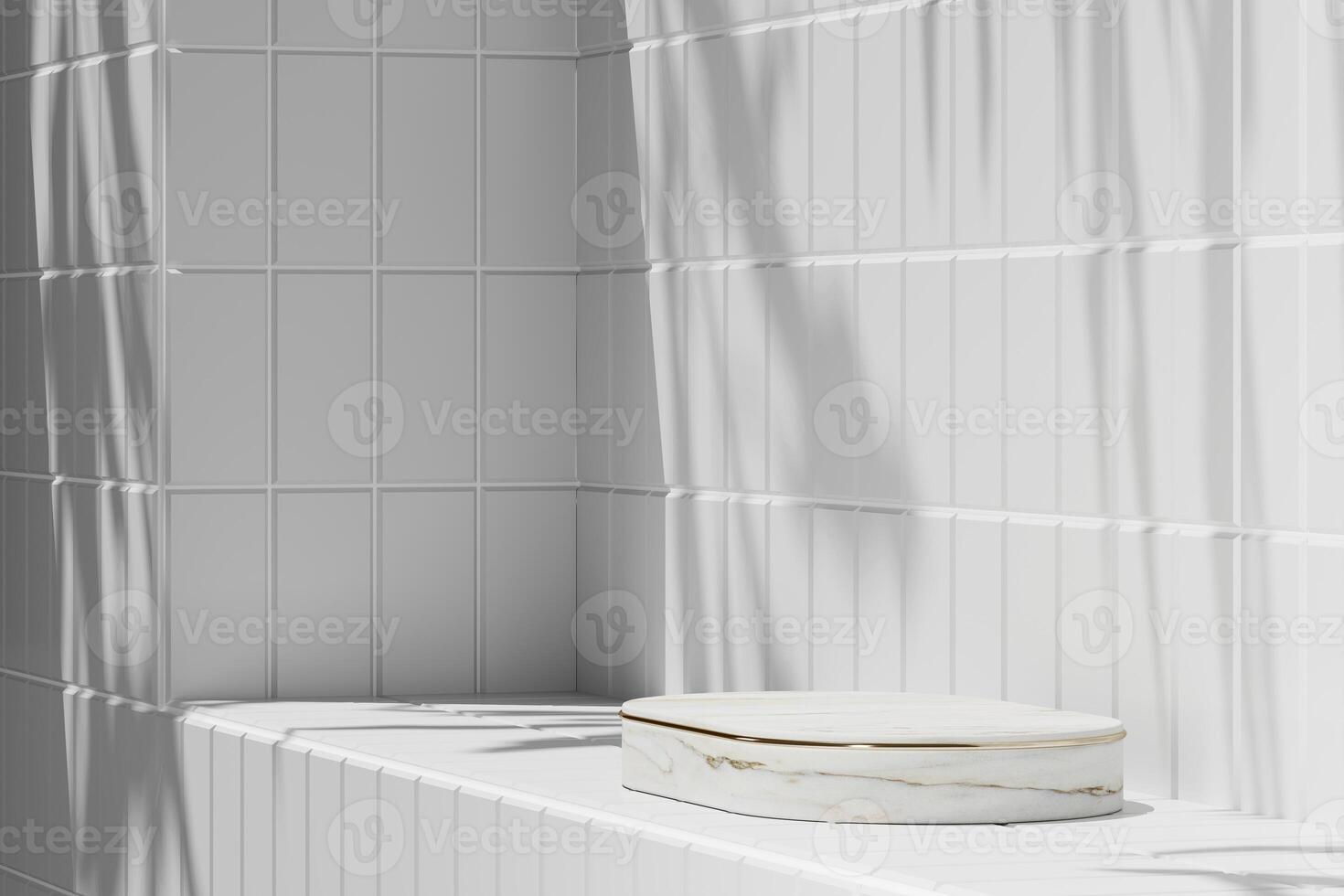 White marble platform with white top on white tiles in a sunny bathroom. 3D rendering photo