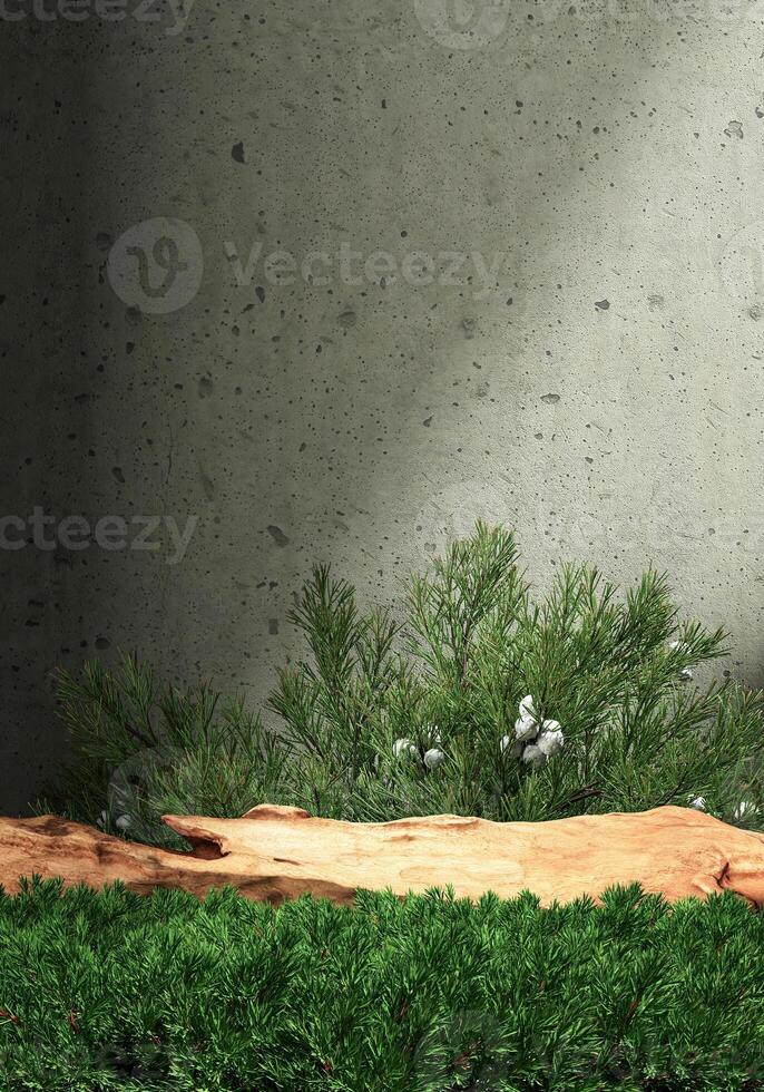 A log middle small plants and concrete wall. Abstract background for product presentation. 3D rendering photo