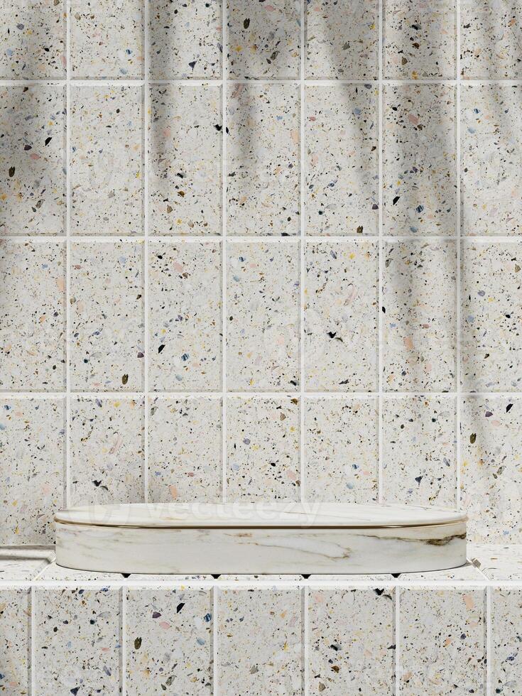 White marble platform with white top on Terrazzo tiles in a sunny bathroom. 3D rendering photo