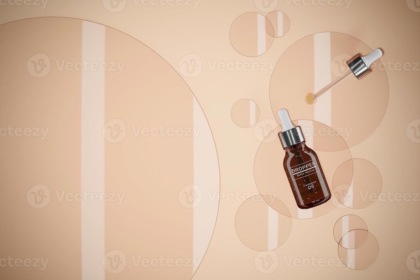 Dropper bottle on the circle glass. Abstract mockup cosmetic scene. 3d rendering photo