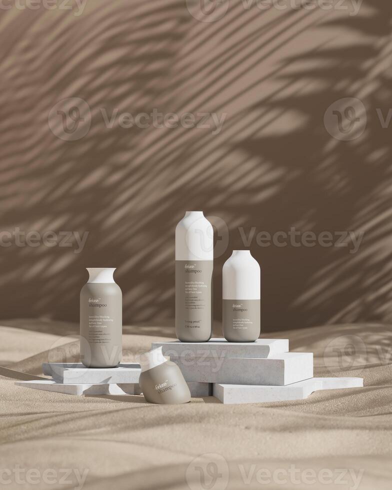 Examples of cosmetic bottles Placed on a white marble slab on a sandy background. vertical image. 3D rendering photo