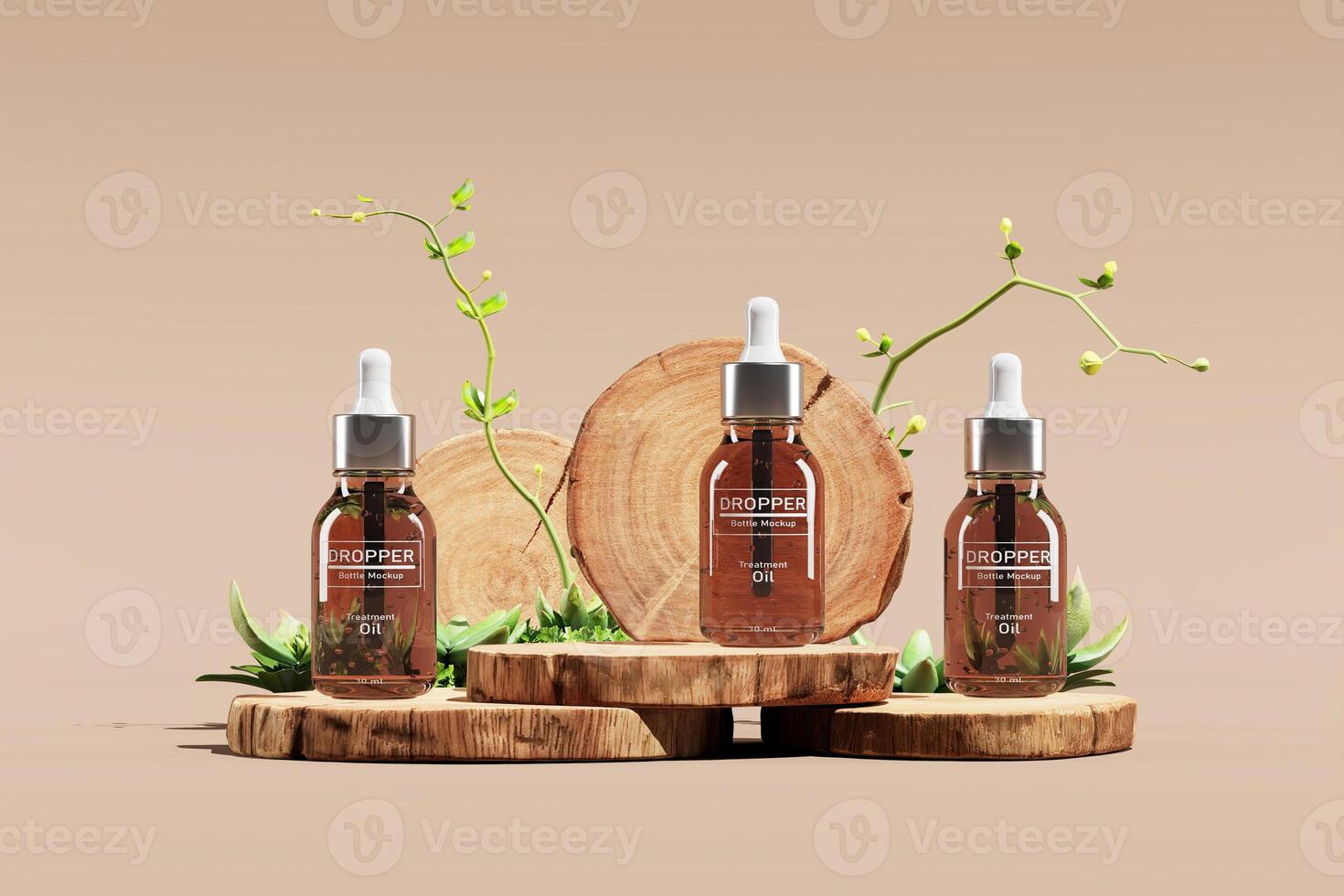 Cosmetic dropper bottle mockup on round wooden slats. Decorate with small plants. Minimal mockup scene for cosmetic presentation. 3D rendering and clipping path each element. photo