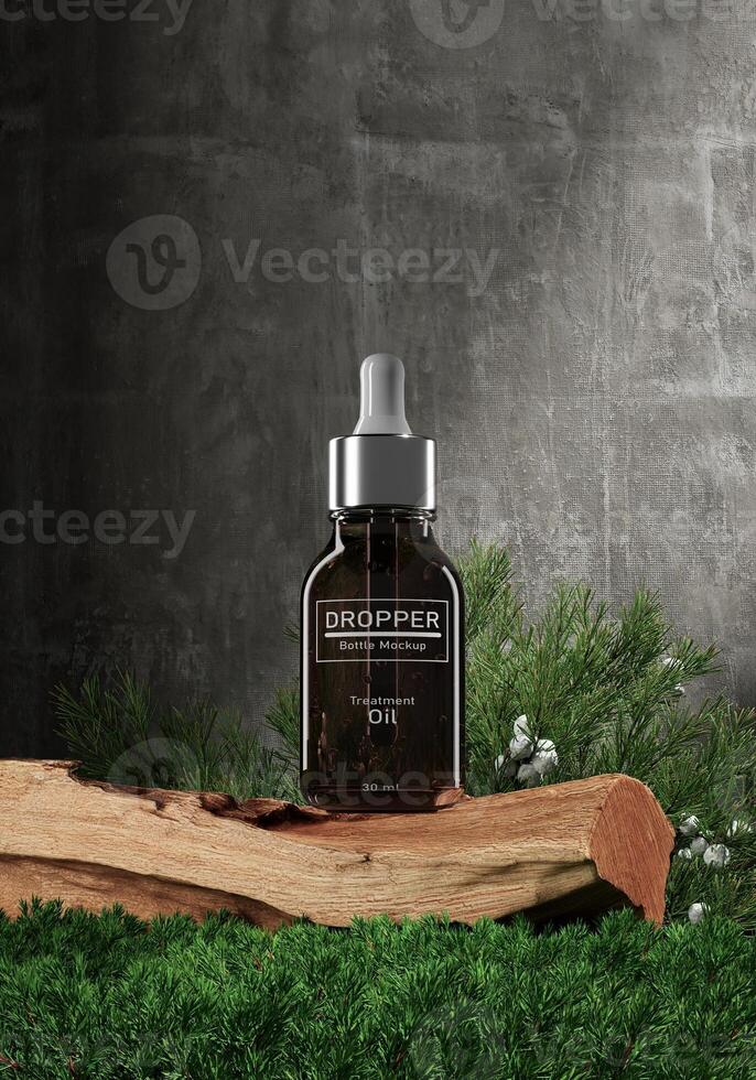 Mockup dropper bottle on a log middle small plants. Abstract background for cosmetic presentation. 3D rendering photo