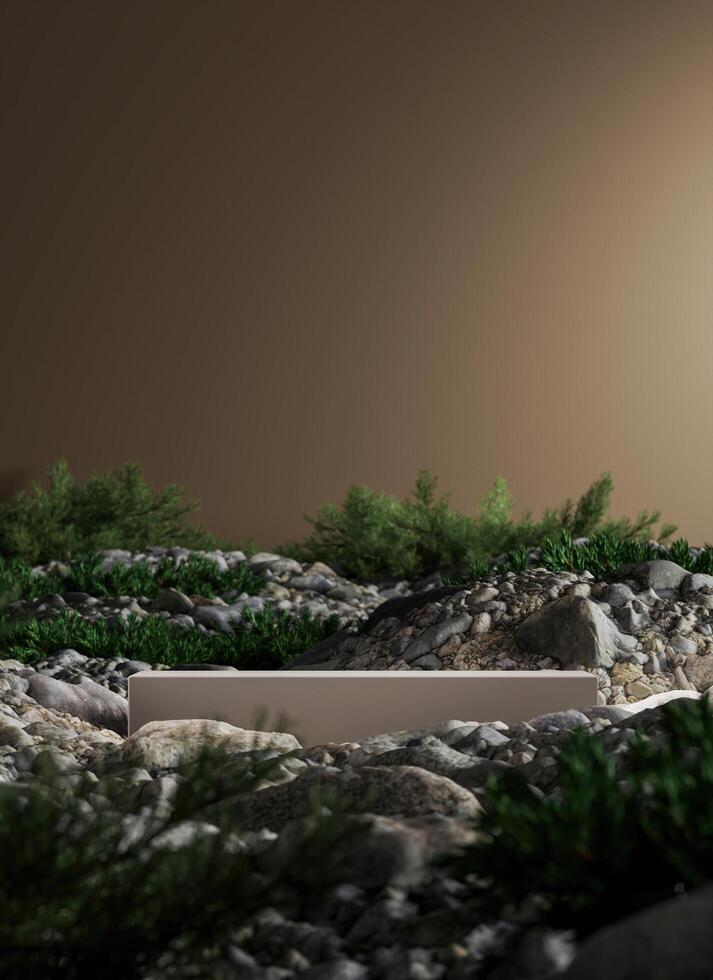 White platform middle mockup scene gravel and small plants. Abstract mockup scene for product presentation. 3d rendering photo