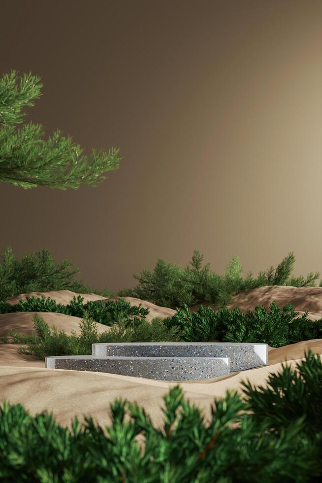 2 nivel gris mármol pedestal en el arena y pequeño plantas Bosquejo escena. resumen Bosquejo escena para producto presentación. 3d representación foto