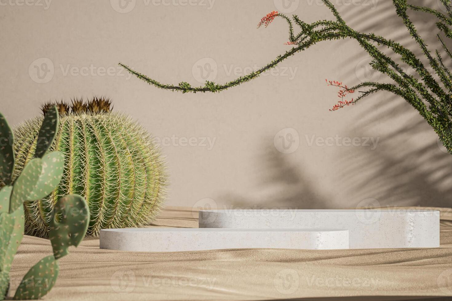 White concrete pallets in the middle of the desert scene, blurred cactus in the foreground. product presentation mockup. 3D rendering photo