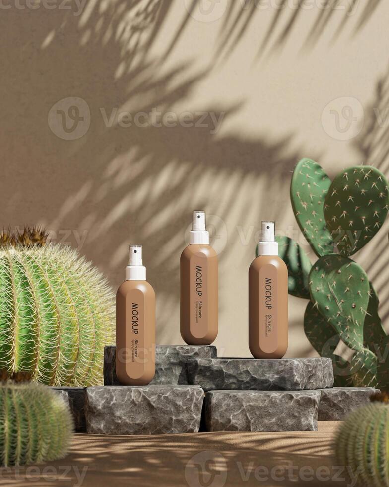 3 cosmetic spray bottles in the middle of a desert scene, blurring cactus in the foreground. 3D rendering photo