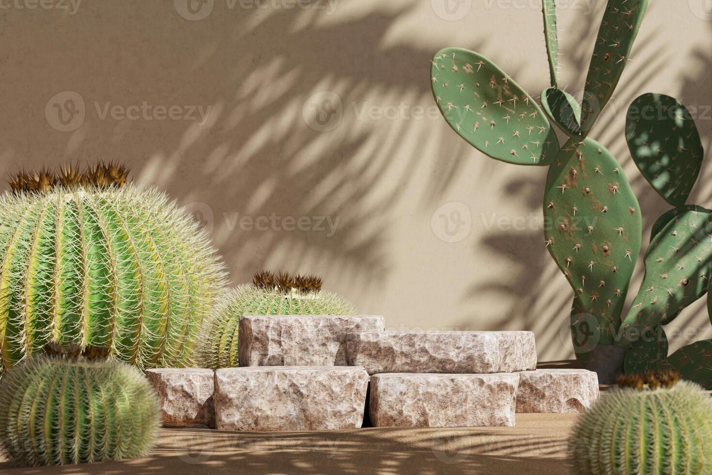 Beige stone pallets in the middle of the desert scene, blurred cactus in the foreground. product presentation mockup. 3D rendering photo