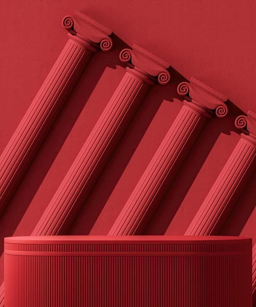 Red platform on a background of Roman concrete columns. Abstract background for product presentation. 3D rendering photo