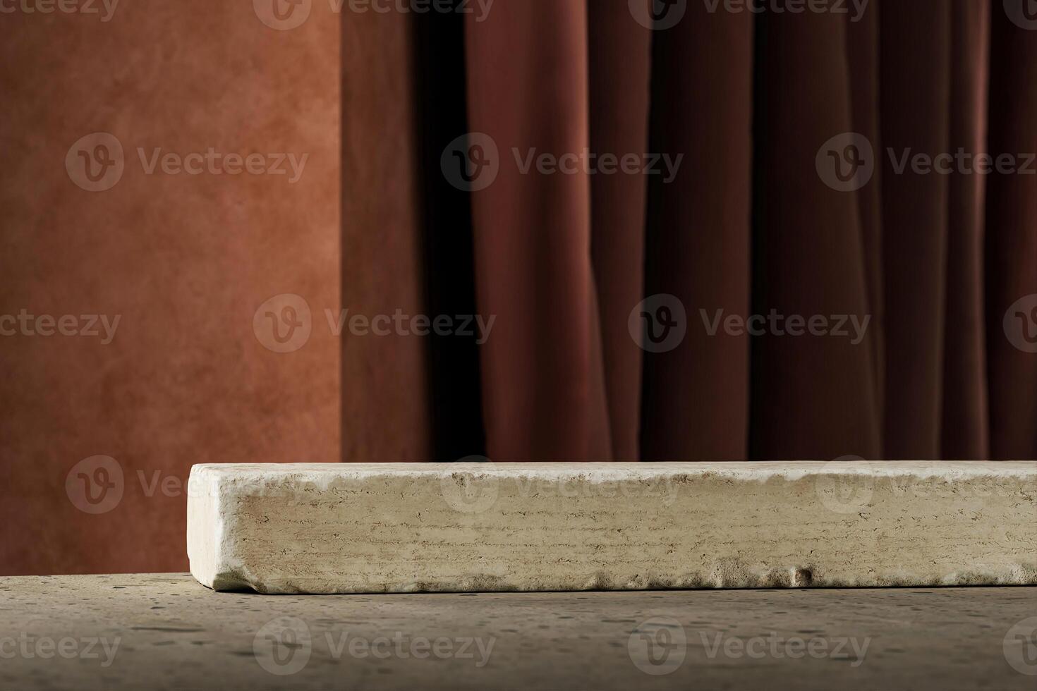 A stone slab rests on a cement floor. Brown cement backdrop and dark curtains. Backdrop for product presentation. 3D illustration photo