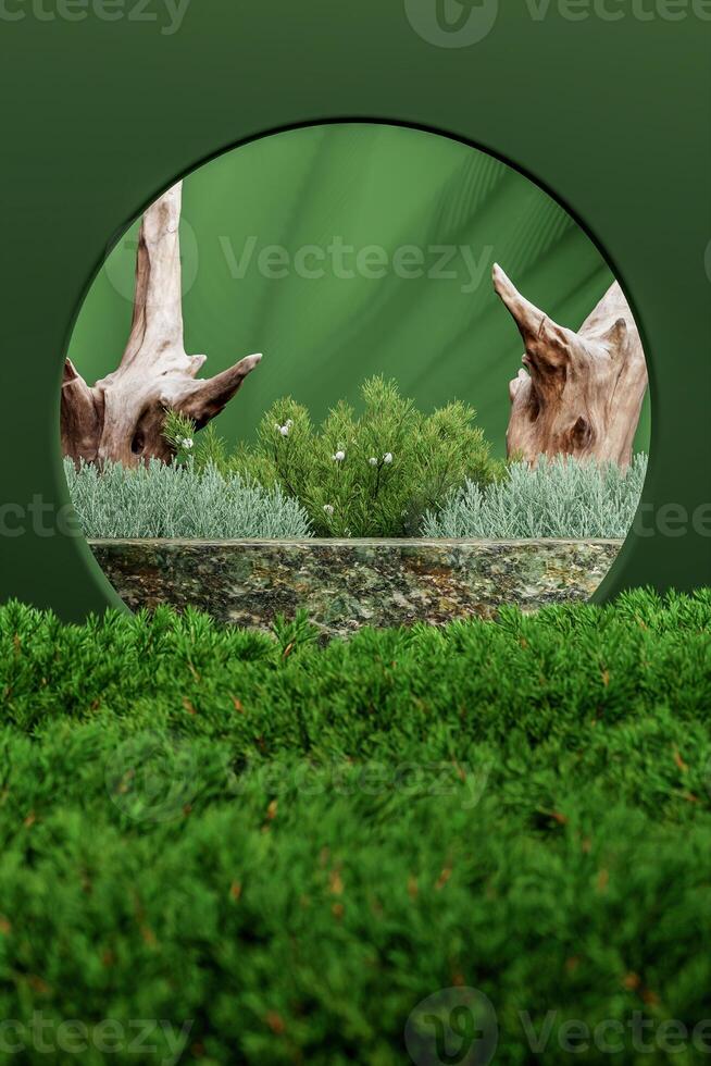 Green marble middle the small plants garden and green circle frame. Abstract mockup scene for presentation. 3D rendering photo