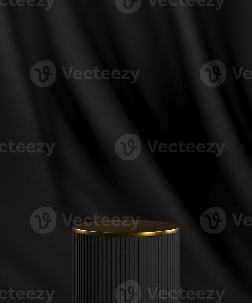 Black cylindrical pallet and top gold on a black velvet curtain backdrop. Abstract background for product presentation. 3D rendering photo
