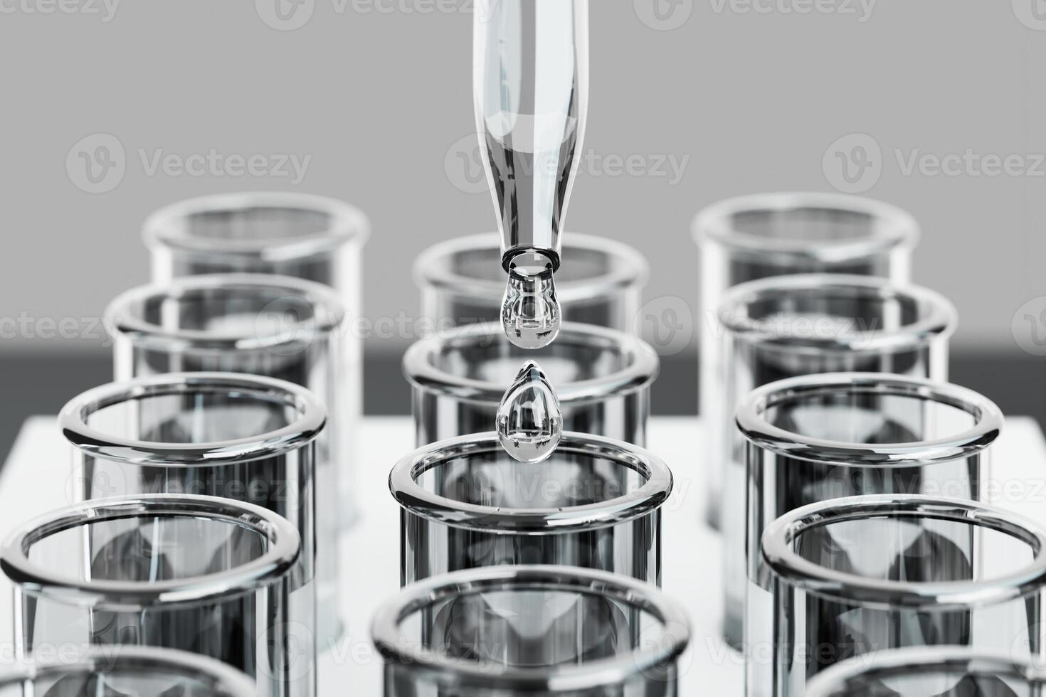 Drops of vaccine water or serum in a science tube, scientific research or examination. 3D rendering photo