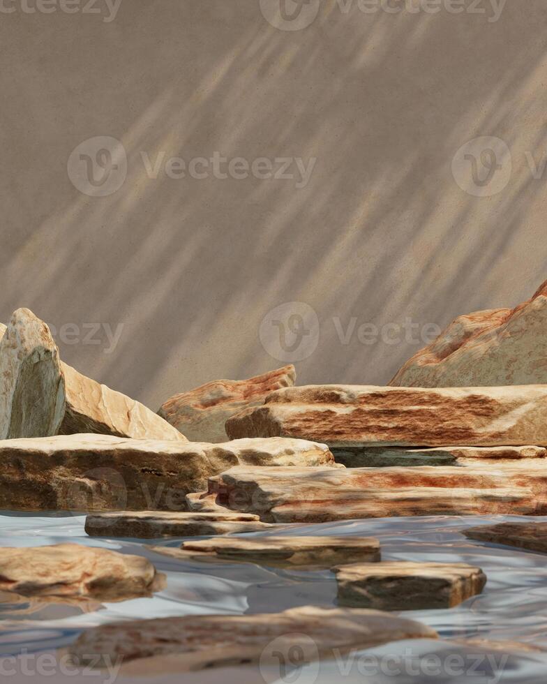 A pile of stones laid out on the surface of the water, Abstract mockup scene for product presentation, clipping path of each element included. 3D rendering illustration. photo