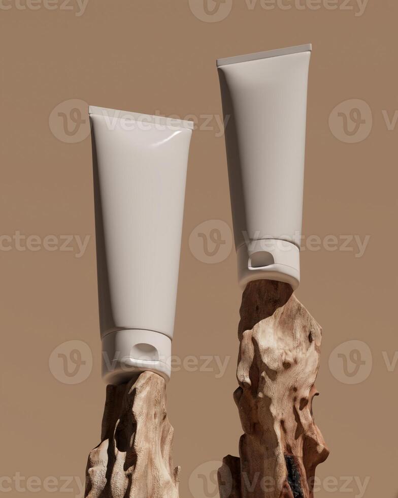 Two tubes of sunscreen placed on a log in a warm scene. Clipping path of each element included. 3D rendering illustration. photo
