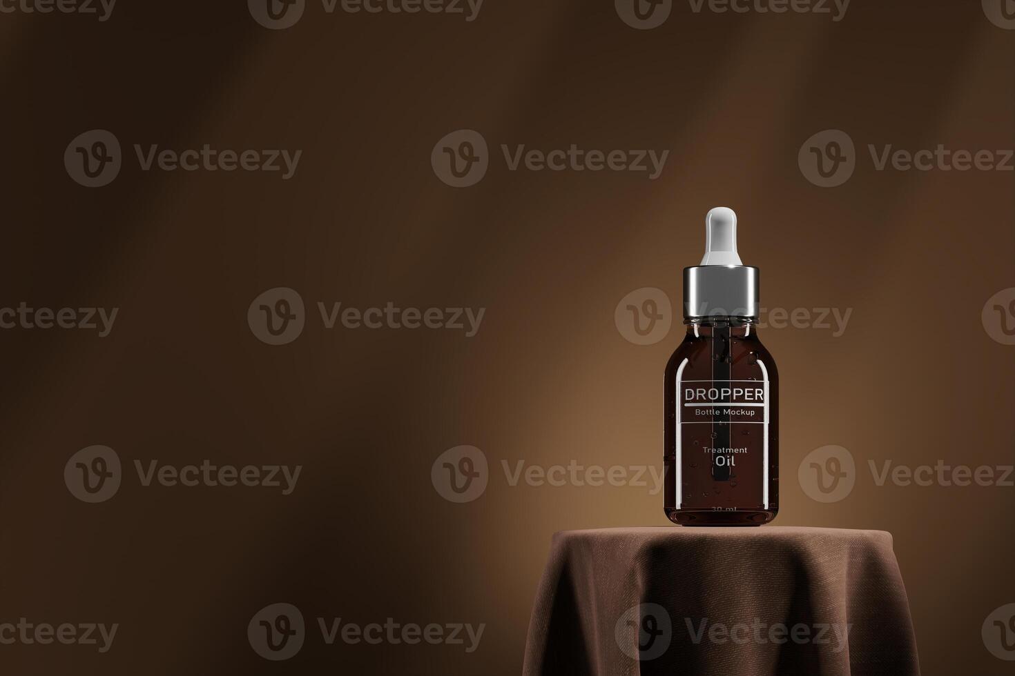 Mock up dropper bottle on brown fabric base. Presentation for cosmetic concept. 3D rendering photo