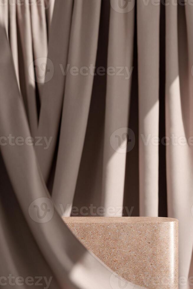 Instead of Terrazzo stone in the backdrop of flowing beige curtains. Choose a focus point. Background for product presentations. 3D illustration photo