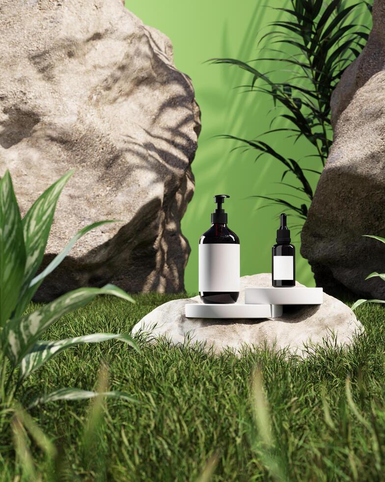 Mockup cosmetic bottle on a rock and bases in garden. focus at product 3d rendering photo