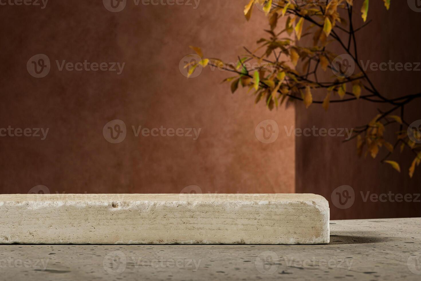 A stone slab is placed on the cement floor. Brown cement backdrop and tree branches. Backdrop for product presentation. 3D illustration photo