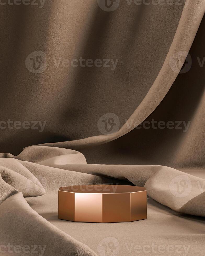 Golden platform for placing products on beige curtains. Abstract mockup scene for presentation. 3D rendering photo