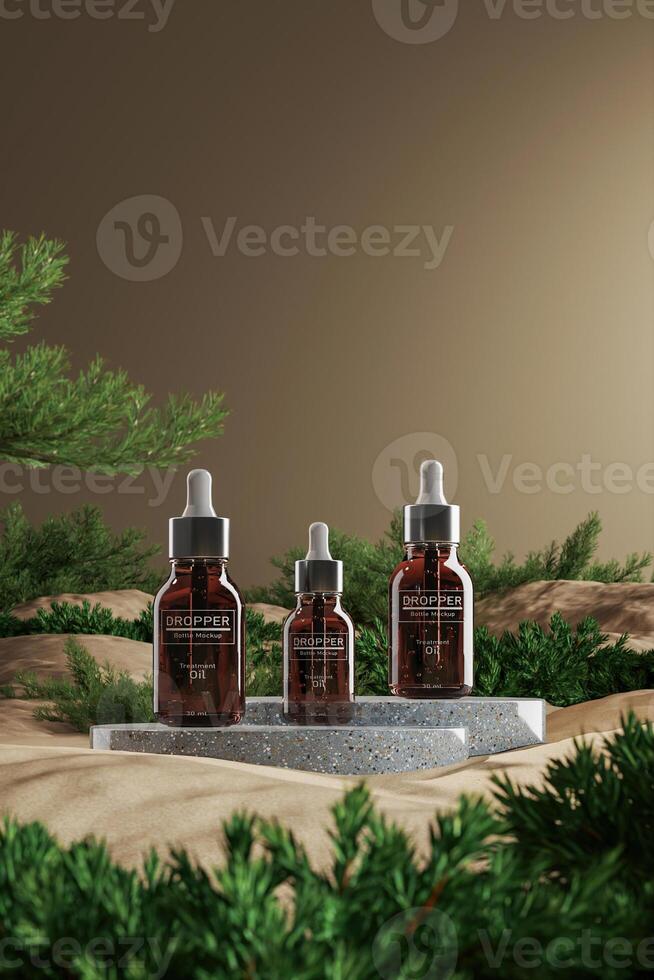 3 mockup cosmetic dropper bottles in the sand and small plants mockup scene. Abstract mockup scene for product presentation. 3d rendering photo