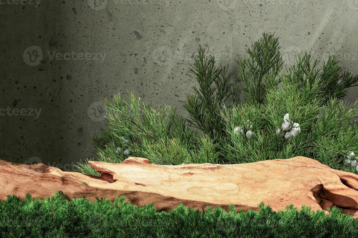 A log middle small plants and concrete wall. Abstract background for product presentation. 3D rendering photo