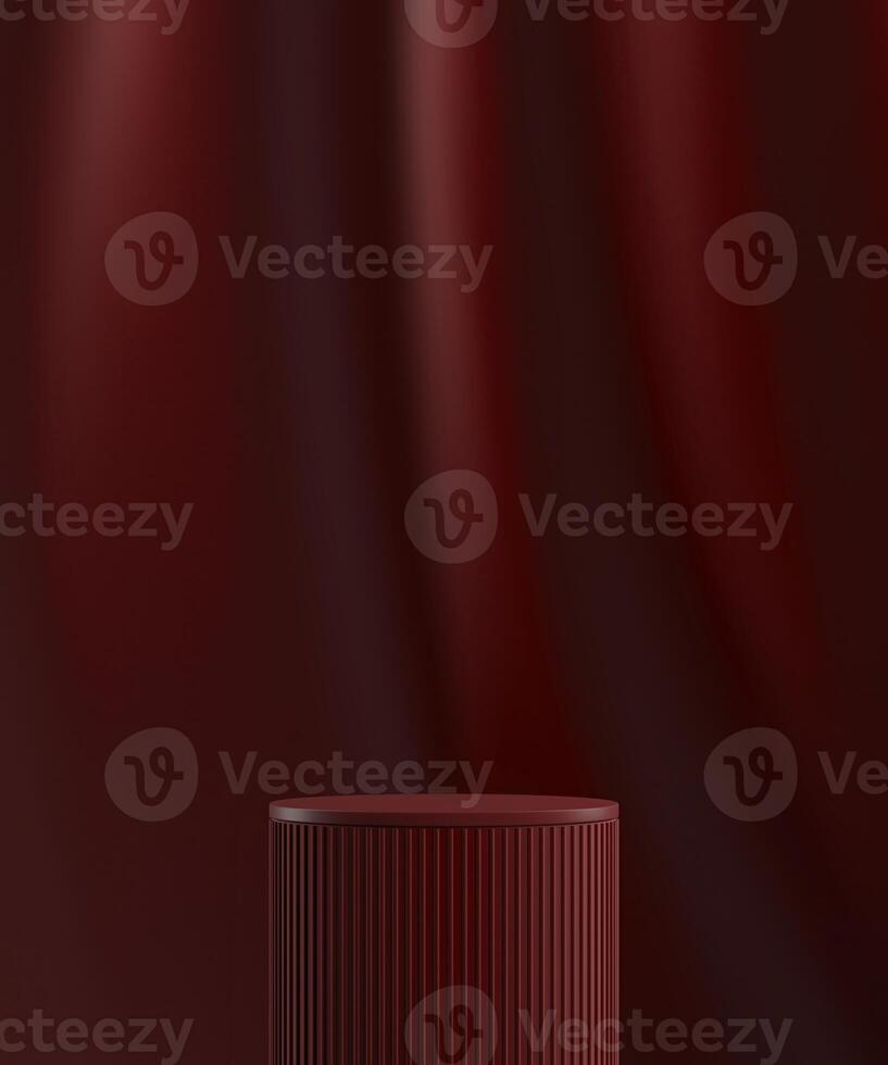 Red cylindrical platform on red velvet curtain background. Abstract background for product presentation. 3D rendering photo