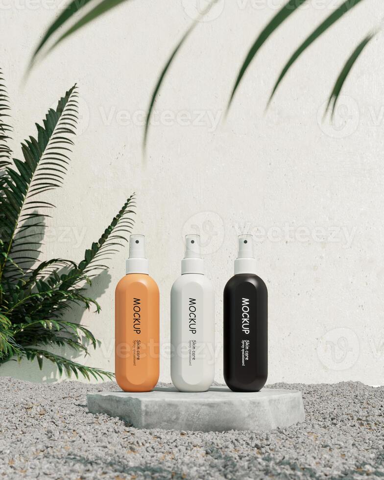3 mockup cosmetic spray bottles on the stone and gravel base, blur the trees in the foreground. 3D rendering photo