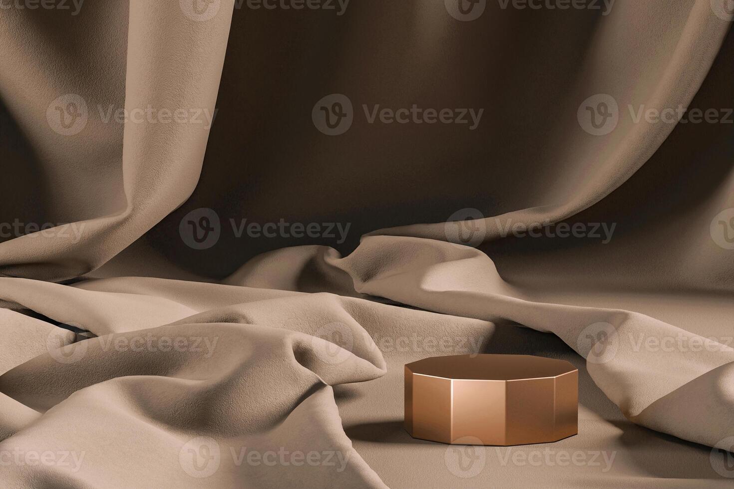 Golden platform for placing products on beige curtains. Abstract mockup scene for presentation. 3D rendering photo