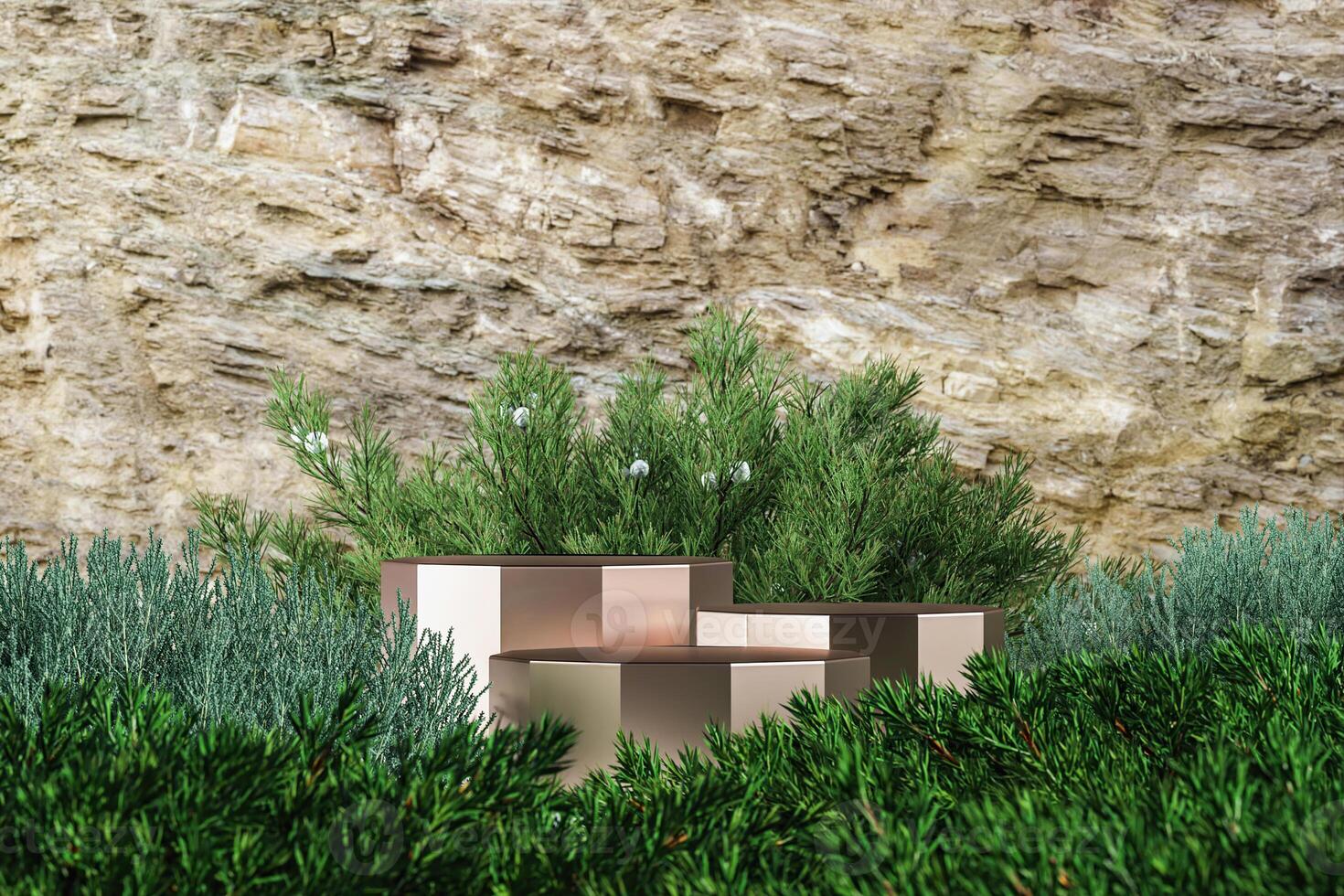Three golden base for placing products middle small plants and the brown rock background. Abstract mockup scene for presentation. 3D rendering photo