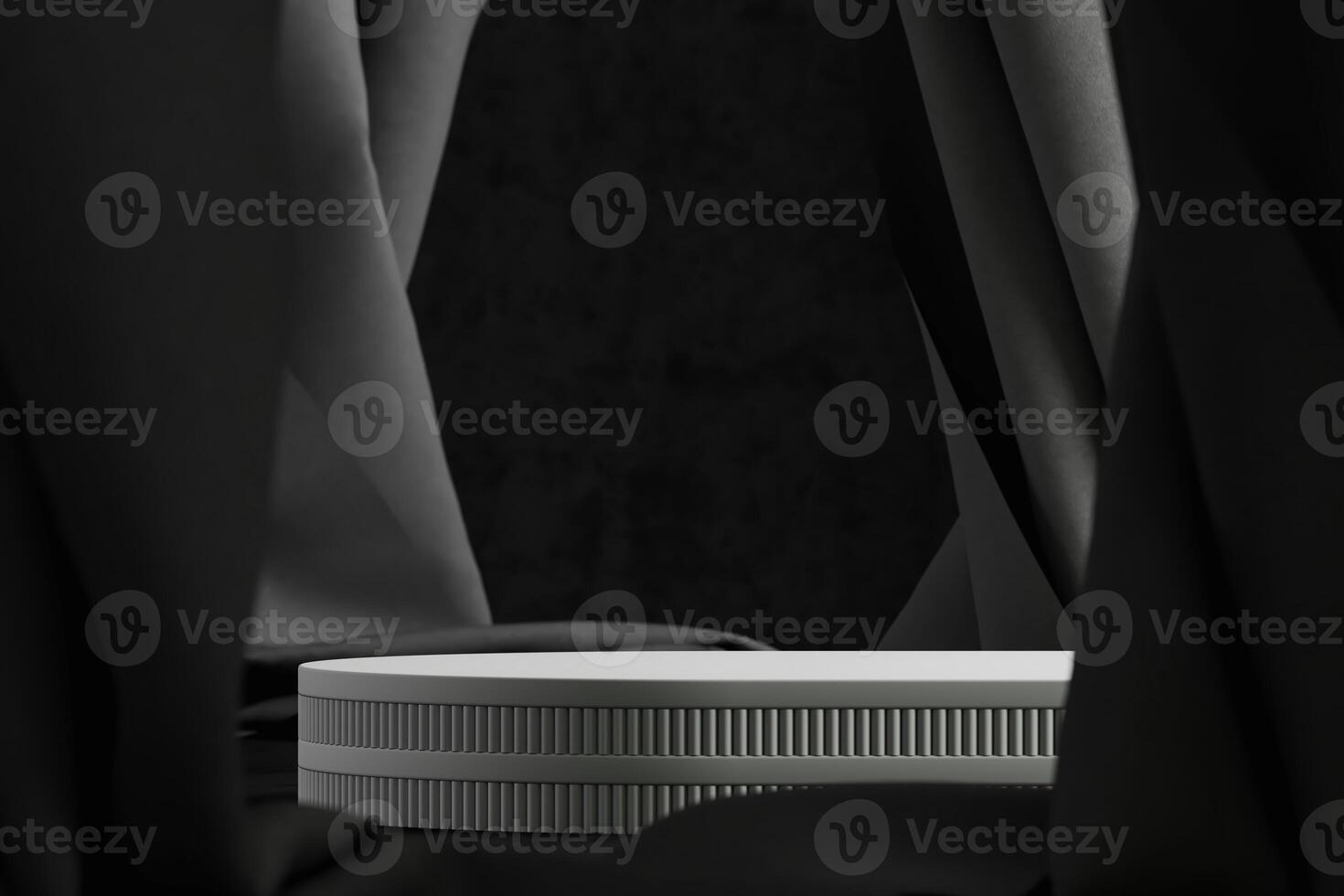 White cylindrical pallet on a black velvet curtain backdrop. Abstract background for product presentation. 3D rendering photo