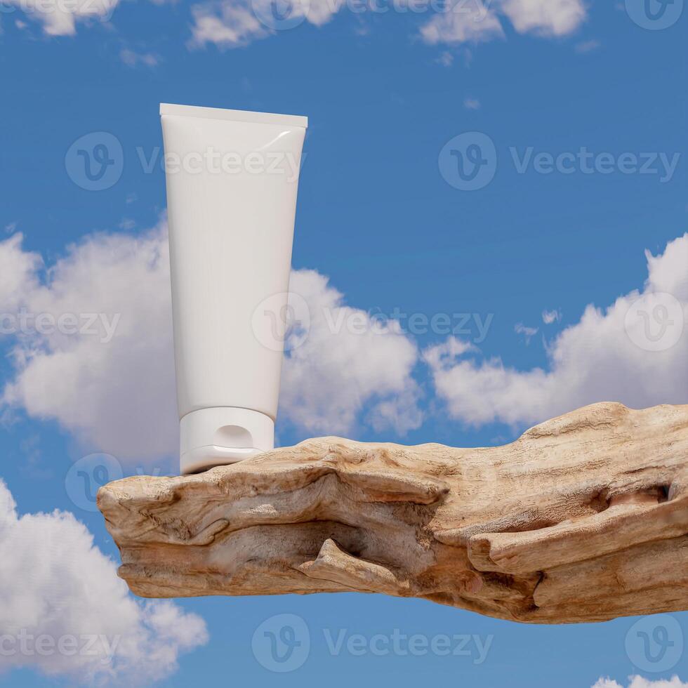 Blank white sunblock tube on wooden log sky background. Clipping path of each element included. 3D rendering illustration. photo